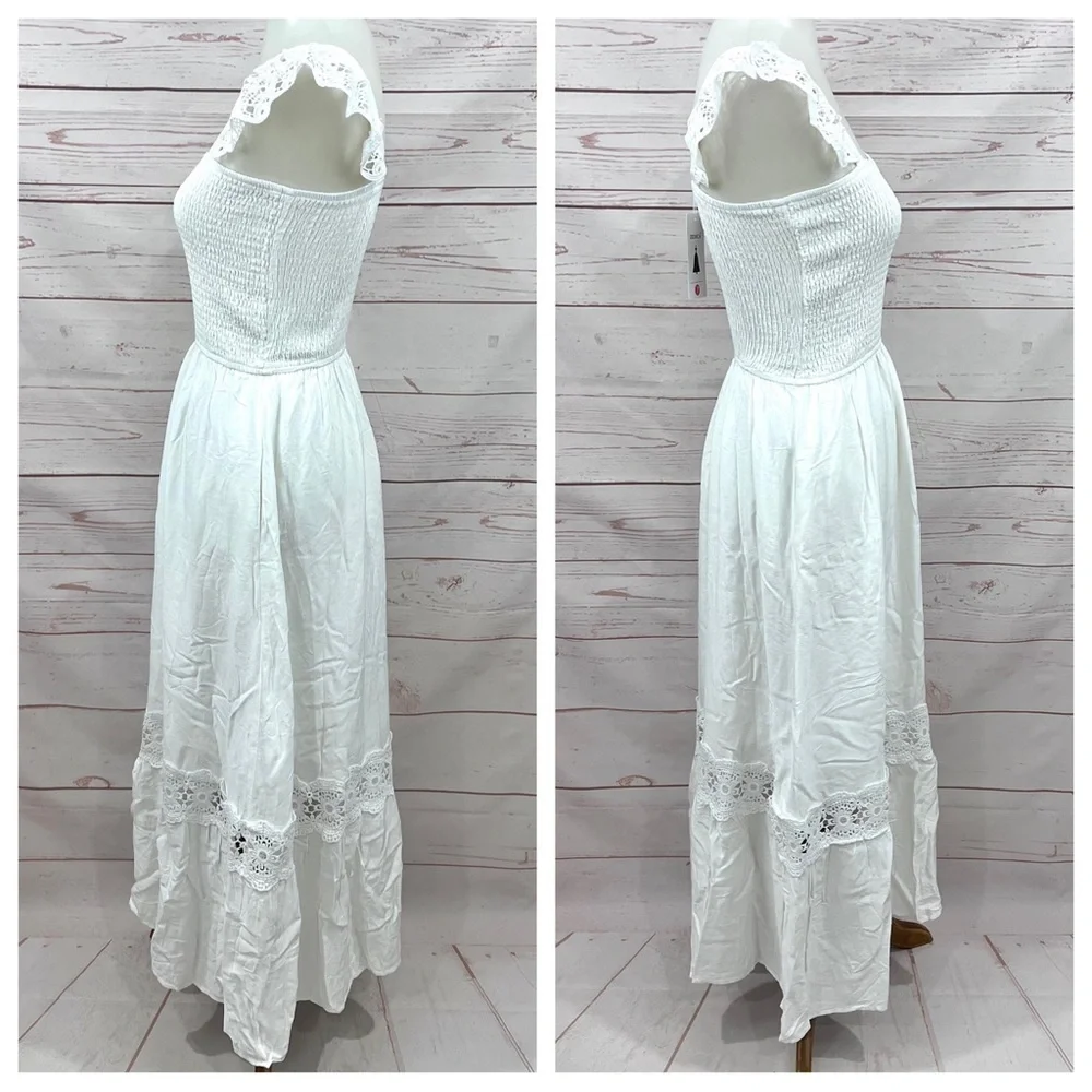 NWT White Eyelet Lace Flutter Wing Sleeve Smocked Top Pocket Maxi Dress
